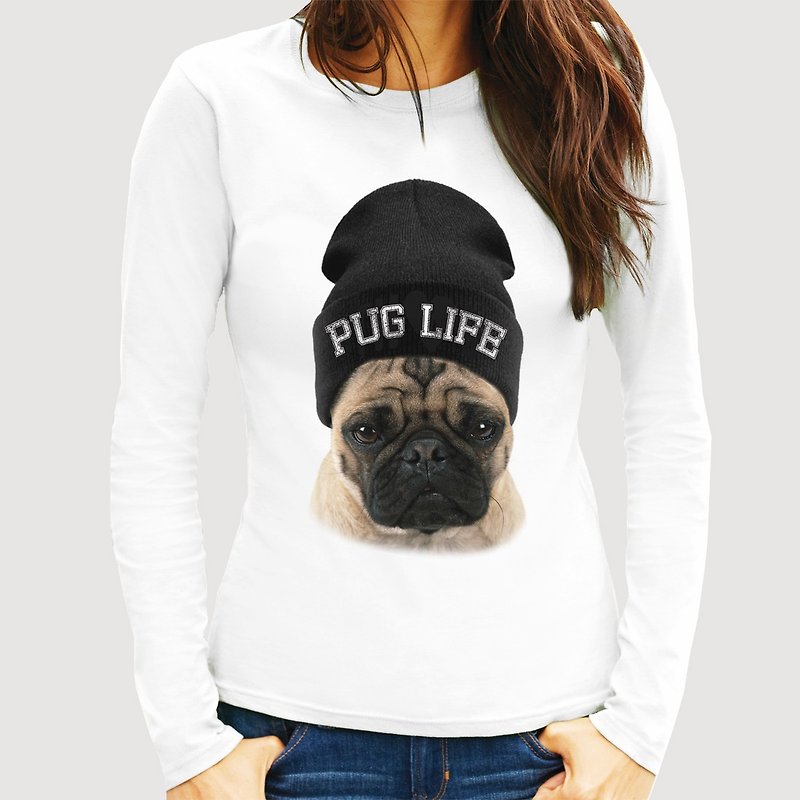 PUG LIFE 長袖T恤-白色 巴哥 哈巴狗 狗 犬 動物 文青 藝術 設計 時髦 文字 時尚 - 女 T 恤 - 其他材質 白色