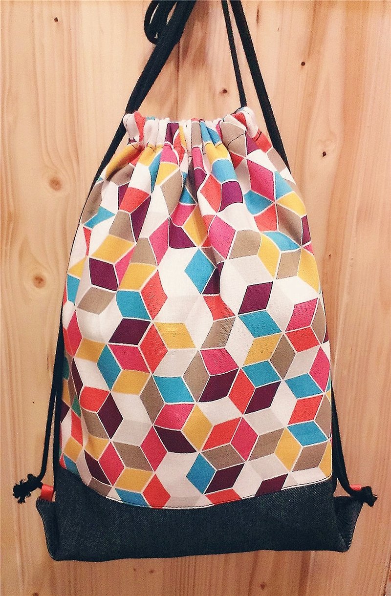 Skilled cat cat [x] after the beam port city Backpack cotton geometric three-dimensional grid (black denim bottom) - กระเป๋าหูรูด - วัสดุอื่นๆ สีแดง