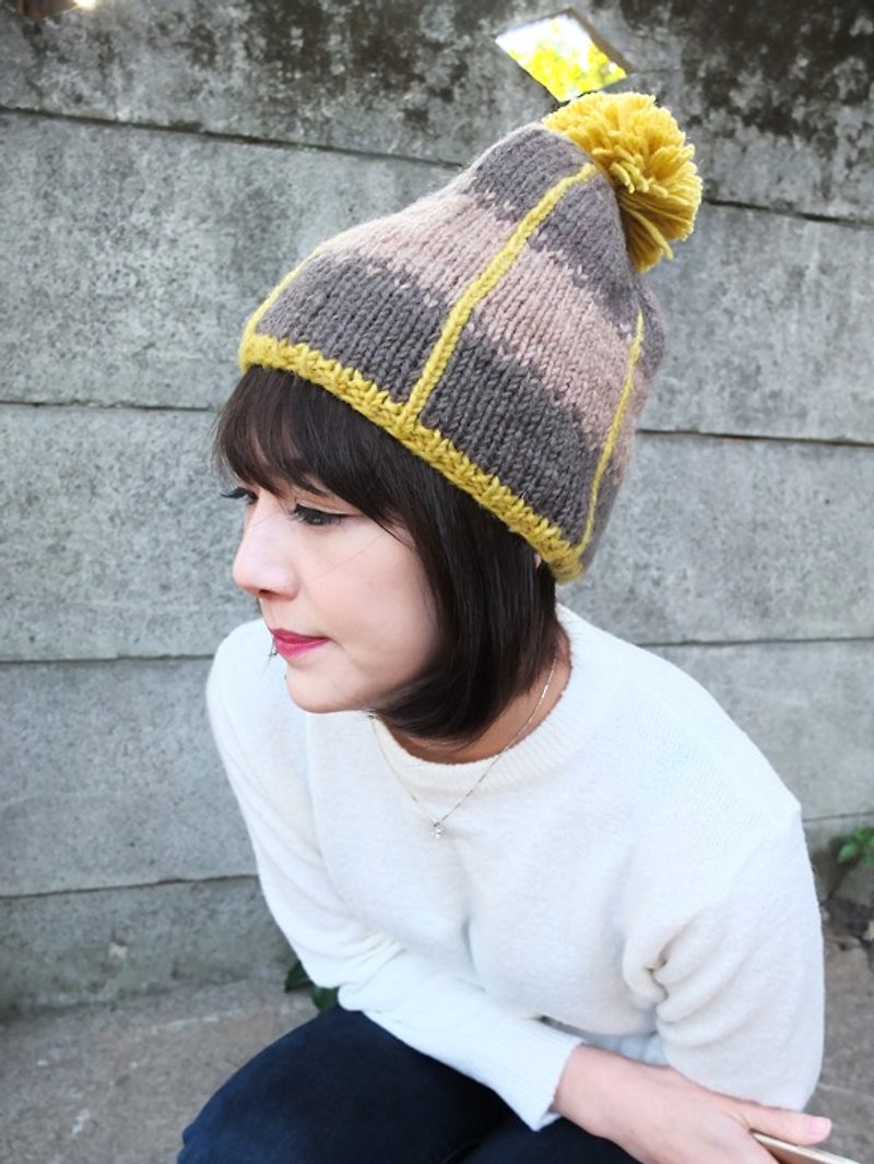 Handmade Hand Knit Wool Beanie Hat with Pompom Yellow - หมวก - ขนแกะ สีเหลือง