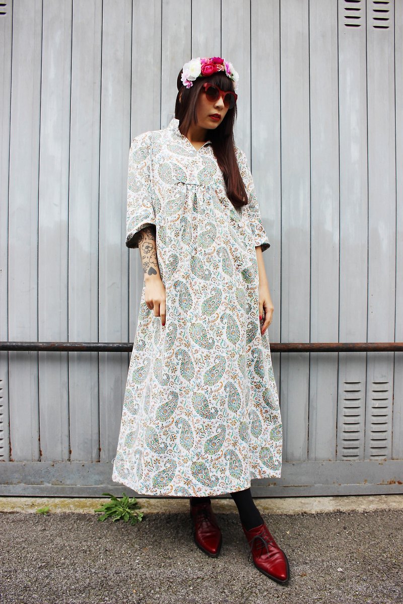 F956 (Vintage) white with green amoeba cloth flowers cotton vintage dress (wedding / picnic / party) - One Piece Dresses - Other Materials White