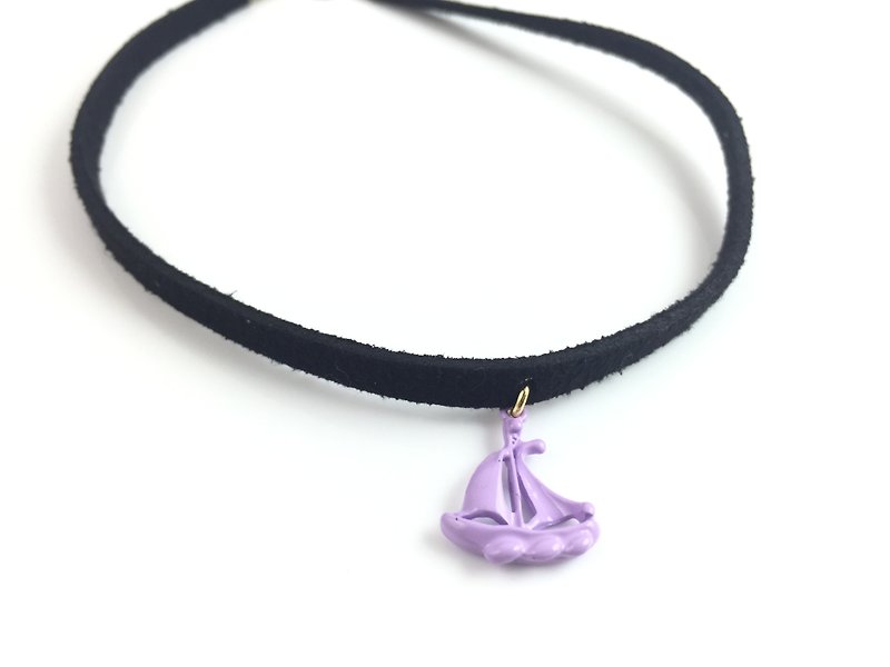 "Purple small sailboat Necklace" - Necklaces - Genuine Leather Black