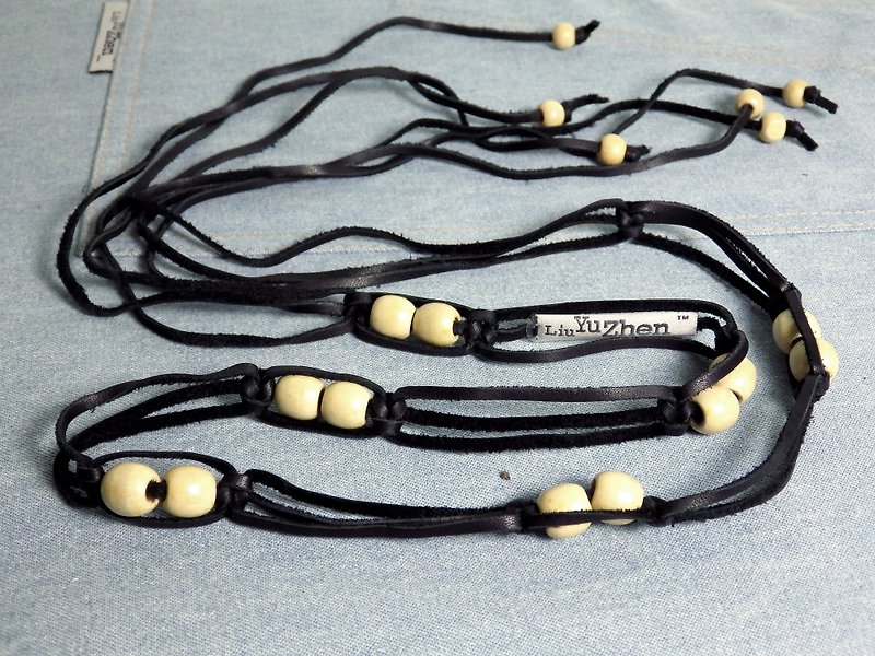 [Seasonal sale] Black leather woven wood bead waist chain - Belts - Genuine Leather Black