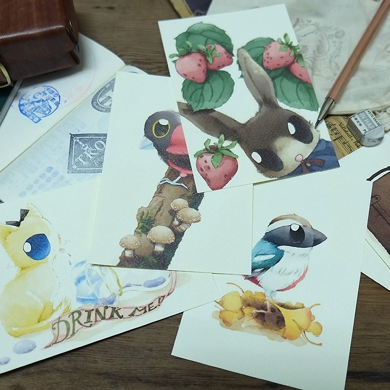 おまえレザーアクセサリー/ yaezakuraと黄色の報復 - 妖精の森の風の食料品のポストカードを描く日本の水彩イラスト - カード・はがき - 紙 多色
