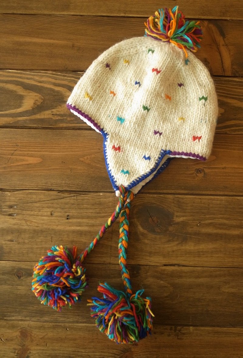 Handmade Hand Knit Wool Earflap Hat, Fisherman's Wool Hat, Earflap Pom Cap - Hats & Caps - Wool Multicolor