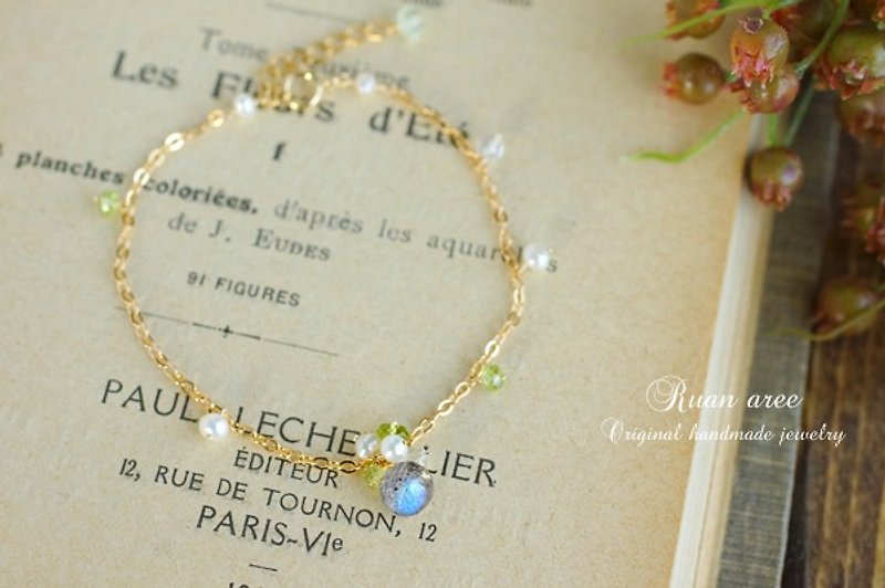 14kgf - Labradrite and Pearl bracelet - ブレスレット - 宝石 グレー