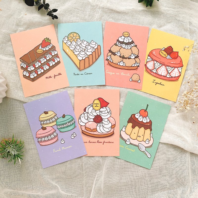 Mori Shu Mochi Rabbit x Colorful French Dessert Postcard Set - การ์ด/โปสการ์ด - กระดาษ หลากหลายสี