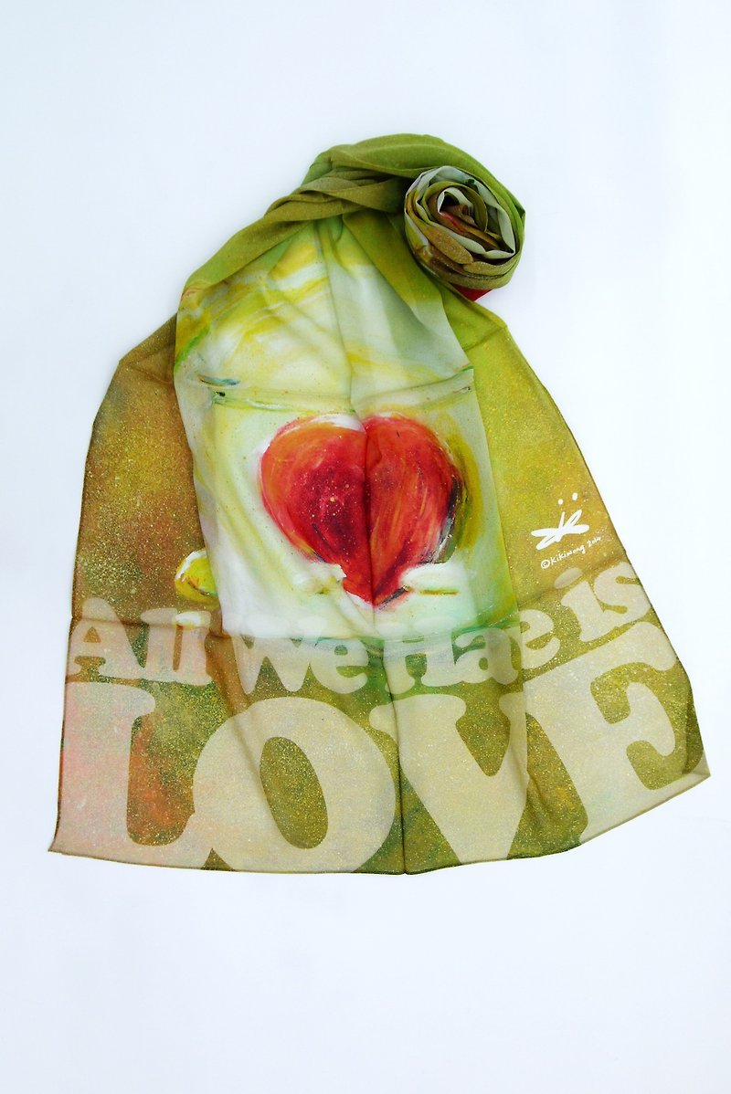 【結婚禮物】設計師數碼打印真絲圍巾系列-All we have is love - 絲巾 - 絲．絹 綠色