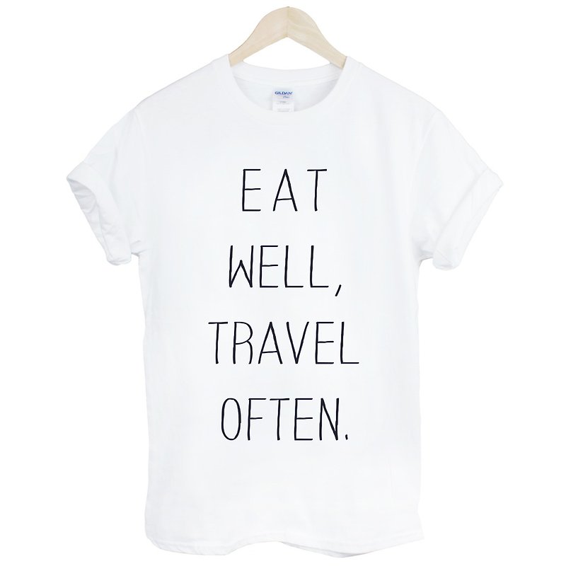 Eat Well Travel Often short-sleeved T-shirt-2 colors - เสื้อยืดผู้ชาย - ผ้าฝ้าย/ผ้าลินิน หลากหลายสี