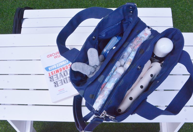 TiDi blue background two-color dot three-layer side backpack/mother bag - กระเป๋าคุณแม่ - วัสดุอื่นๆ สีน้ำเงิน