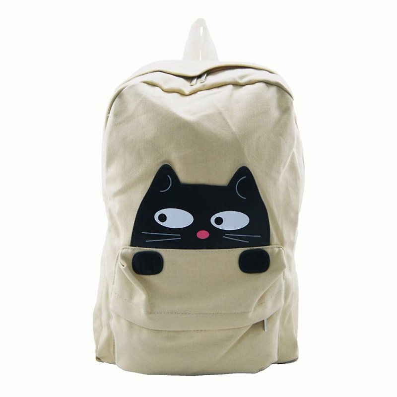 Cute little black cat childlike style canvas backpack white spot for sale - Cool Le Village - กระเป๋าเป้สะพายหลัง - ผ้าฝ้าย/ผ้าลินิน สีกากี