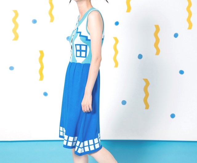 Sky Blue Vacation House Button Up Dress - Shop Yu Square One Piece