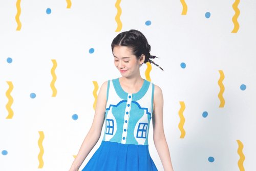 Sky Blue Vacation House Button Up Dress