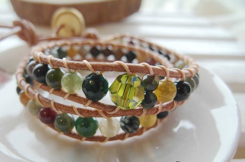 ~米+熊~ 天然石 七彩石 編織手環 真皮手環  (BB02) - Bracelets - Gemstone Green