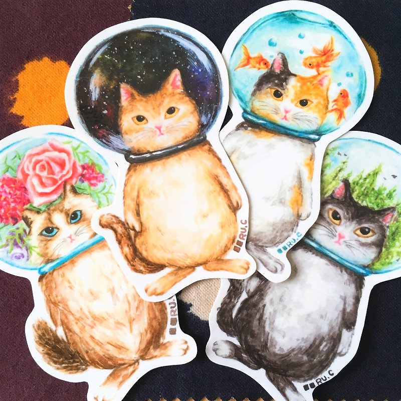 ガラスボウルの猫ステッカー - シール - 紙 多色