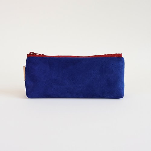 makotohon 手工製作藍色麂皮布料X紅色棉布筆袋