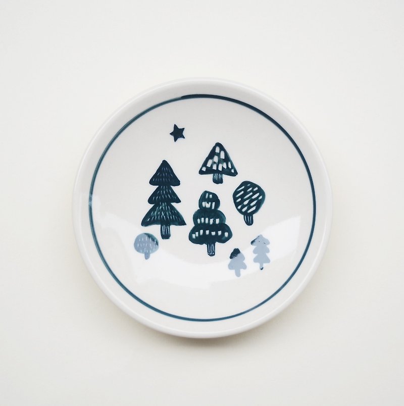 Porcelain Small Plates & Saucers Blue - Hand-painted small porcelain plate-woods and stars