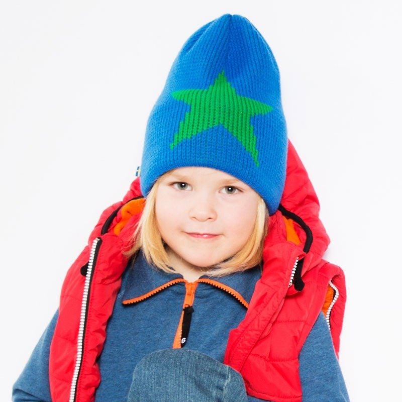 [Nordic Children's Clothing] Swedish Inner Brush Warm and Waterproof Wool Knitted Hat 2Y-6Y Blue/Green Star - หมวกเด็ก - ผ้าฝ้าย/ผ้าลินิน สีน้ำเงิน
