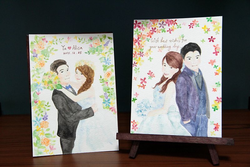 8 吋 handmade watercolor multi-media customized figures / wedding gifts / couple double / half portrait (without box) - การ์ดงานแต่ง - กระดาษ 