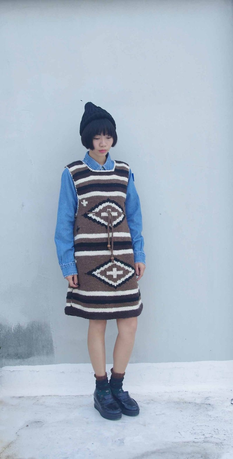 4.5studio- Japan Kanghui Geocaching old clothes, DC - Coffee totem thick knit sleeveless dress - ชุดเดรส - วัสดุอื่นๆ สีนำ้ตาล