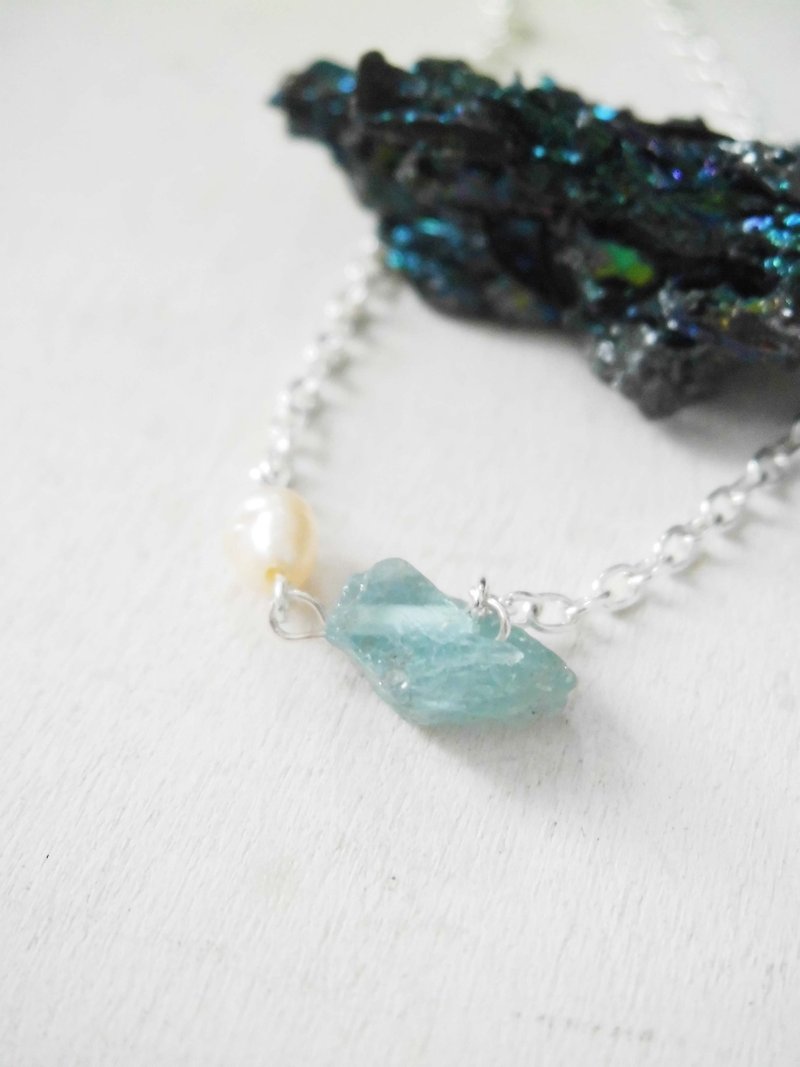 925 silver plated simple and natural apatite natural pearl necklace - สร้อยคอ - เครื่องเพชรพลอย สีน้ำเงิน