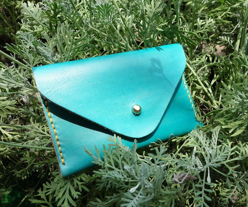 Hand-dyed sky blue _ envelope bag / business card holder / card bag / purse leather hand-stitched custom print graduation gift - ที่เก็บนามบัตร - หนังแท้ 