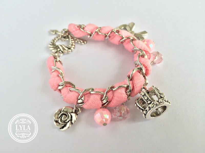 The silver crown pendant pink braid - Bracelets - Other Metals Pink