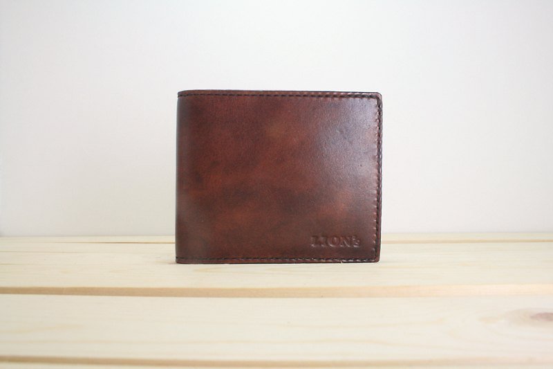 【 LION's 】手工皮革 皮件-- 雙色復古經典款 多功能真皮短夾 (咖啡色) - Wallets - Genuine Leather Brown