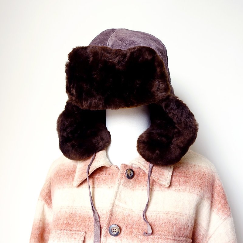 BajuTua /古著/ 赭色麂皮 半刷毛遮耳帽 飛行帽 (長耳款) - Hats & Caps - Genuine Leather Brown