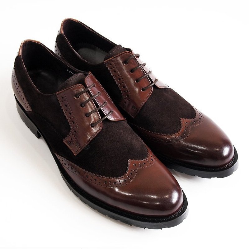 [LMdH]C1A11-89小牛皮麂皮拼接配色翼紋雕花木跟手工德比鞋‧棕配咖啡色‧免運費 - รองเท้าลำลองผู้ชาย - หนังแท้ สีนำ้ตาล