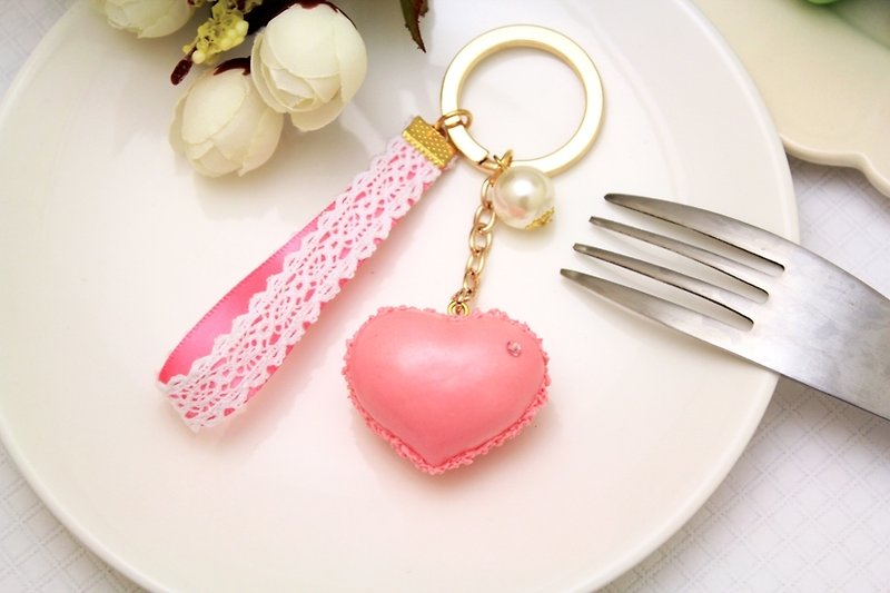 Heart Diamond~Lace Ribbon Micro-Pearl Heart Macaron Keyring - Keychains - Clay 