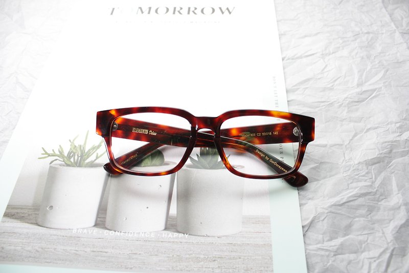 303-C2 Brown Tortoise Color Square Rectangle eyeglasses frame eyewear - Glasses & Frames - Other Materials Brown