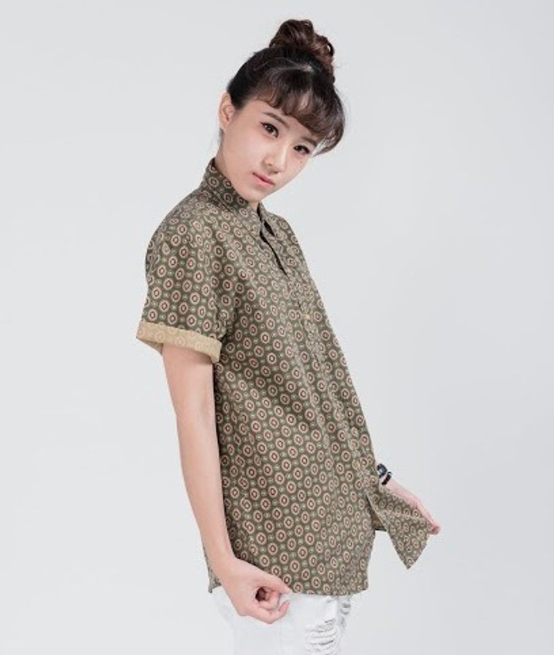 古著襯衫_/ 綠圈圈 / 棉料 / 短袖 / 襯衫 / 男女皆可 - 男襯衫/休閒襯衫 - 其他材質 綠色