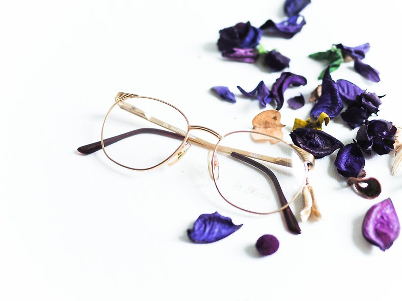 河水山 - 金絲壓紋方型框彈簧鏡腳眼鏡 Japan 日本好學生 金框 - 眼鏡/眼鏡框 - 其他金屬 金色