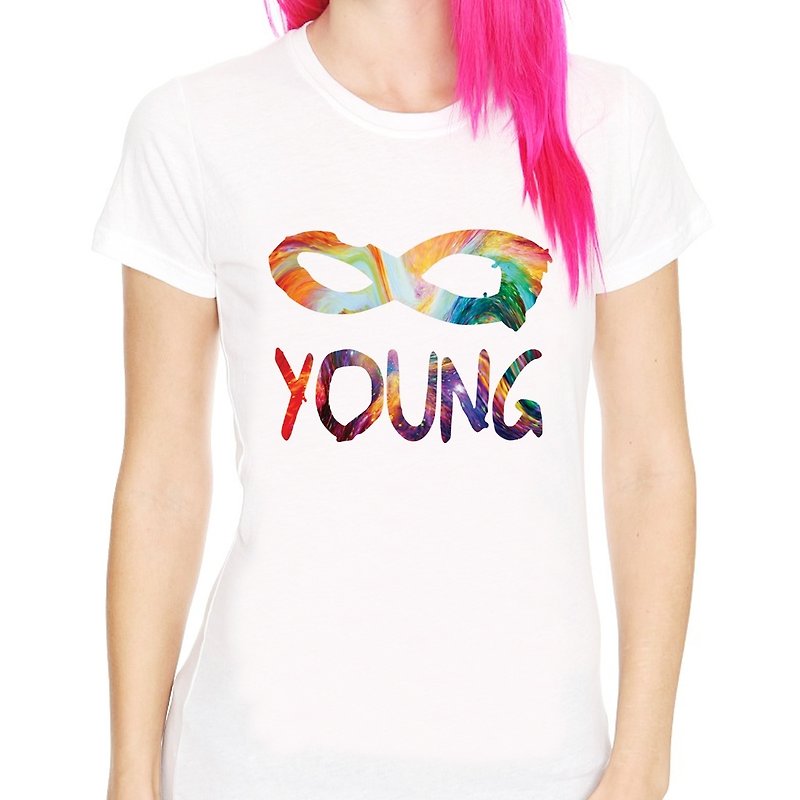 Forever Young-Abstract 女生短袖T恤-白色 永遠年輕 抽象 文青 藝術 設計 原創 品牌 時髦 文字 - Women's T-Shirts - Other Materials White