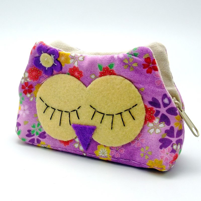 拉鍊零錢包，鑰匙包，耳機包，小物包 (貓頭鷹b) (ZS-137) - 散紙包 - 棉．麻 紫色