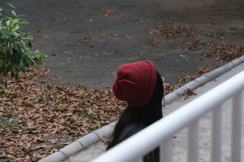 Aunt's hand-knitted fur hat-small curly hat-dark red-New Year・Gift - หมวก - วัสดุอื่นๆ สึชมพู