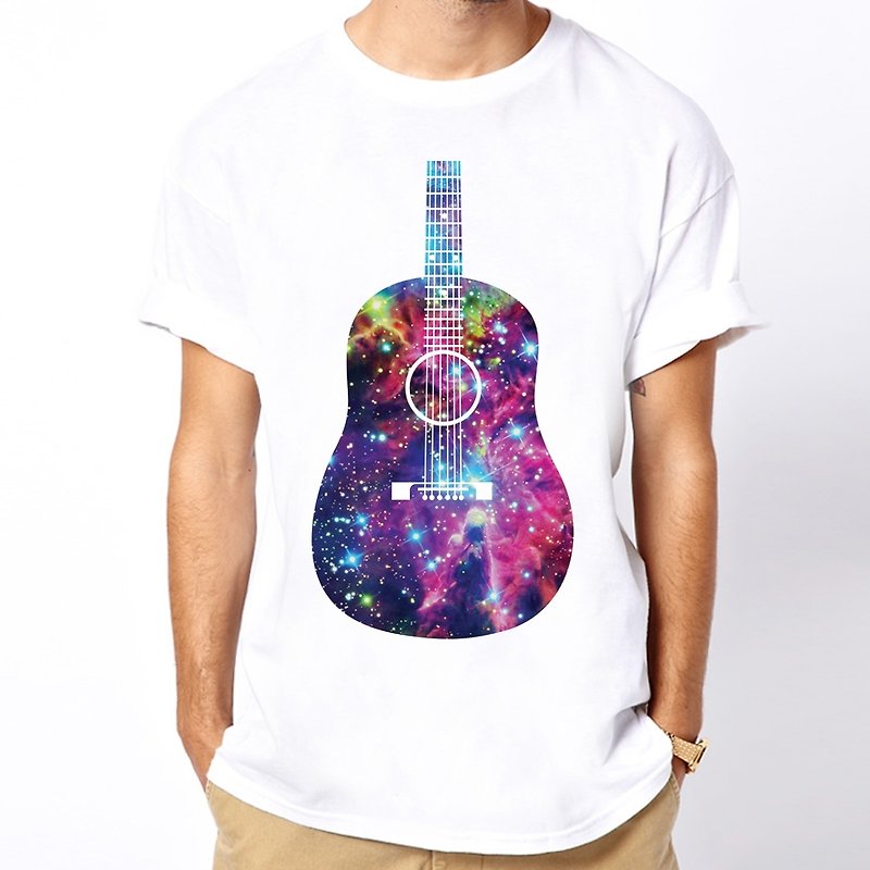 Guitar-Galaxy short-sleeved T-shirt-white guitar galaxy universe design music orchestra trendy round triangle text green - Men's T-Shirts & Tops - Other Materials White