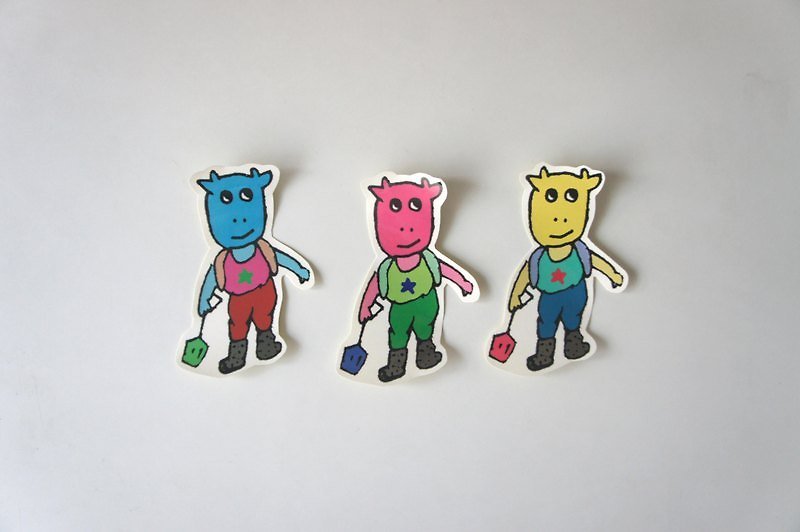 Yellow / blue / pink calf worker / Blue unhappy deer / yellow unhappy deer / no bath / blue owl small sticker - Stickers - Paper Orange