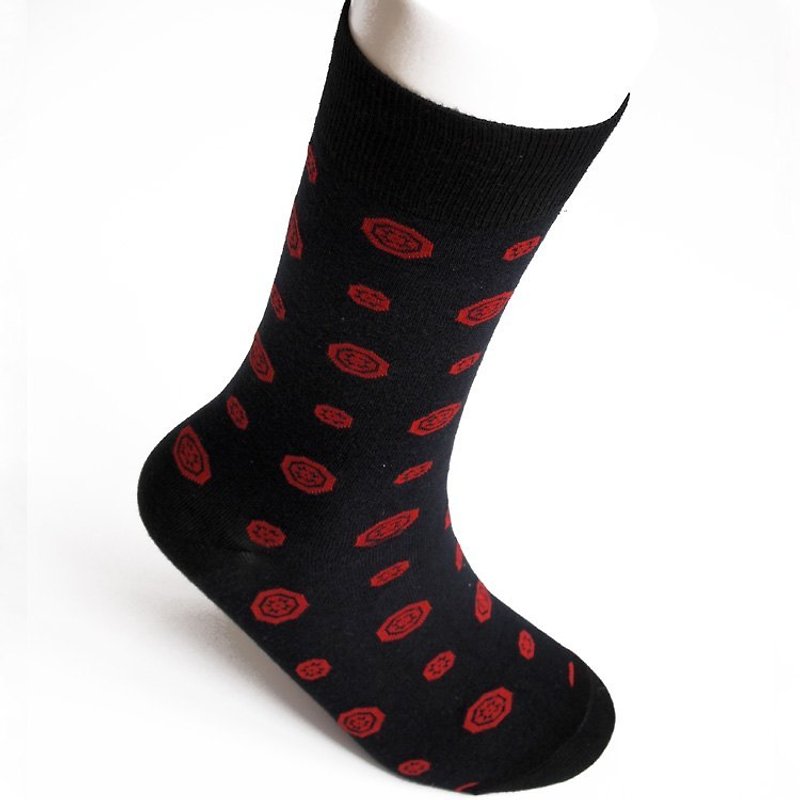 SOCK IT UP台灣製造200針緹花圖案中筒紳士襪‧黑底紅輪紋 - 西裝襪/紳士襪 - 其他材質 紅色