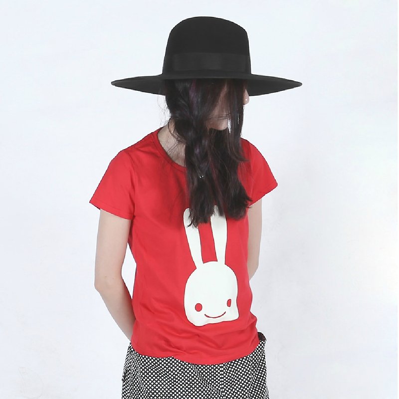 Round rabbit cotton short-sleeved T-shirt - imakokoni - Women's T-Shirts - Cotton & Hemp Red
