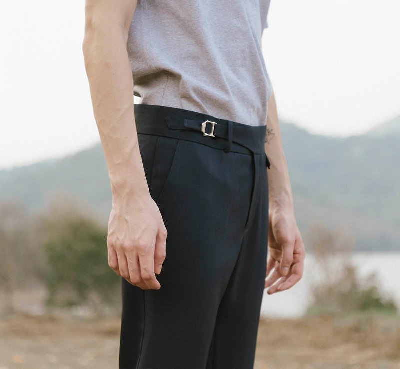 Navy wool - belt waist trousers - กางเกงขายาว - ผ้าฝ้าย/ผ้าลินิน สีน้ำเงิน