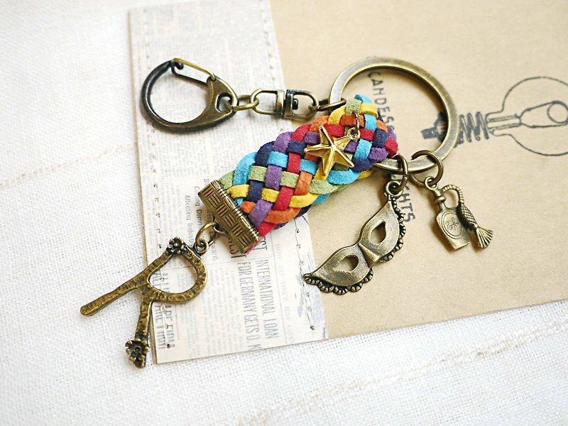 Paris*Le Bonheun. Noodle leather woven English word key ring wrist rope mobile phone sling. - Keychains - Other Metals Multicolor