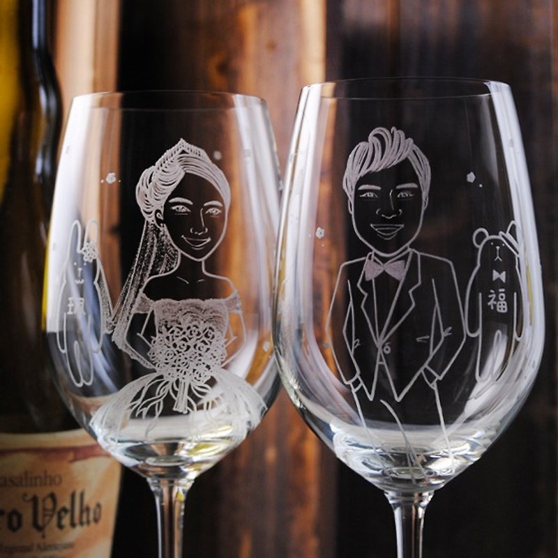 (一對價)425cc【結婚禮物】(寫實版) 婚禮兔肖像對杯客製化禮物 - 似顏繪/人像畫 - 玻璃 咖啡色