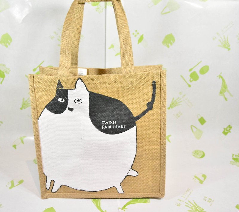 Jute shopping bags _ _ fat cat cow trade fair - กระเป๋าถือ - พืช/ดอกไม้ ขาว