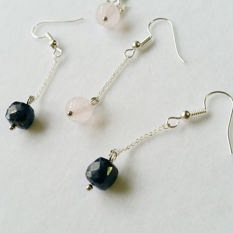 silver-plated long earring lapis square cut / carved rose quartz Stone material Silver plated long earrings - Earrings & Clip-ons - Gemstone Multicolor