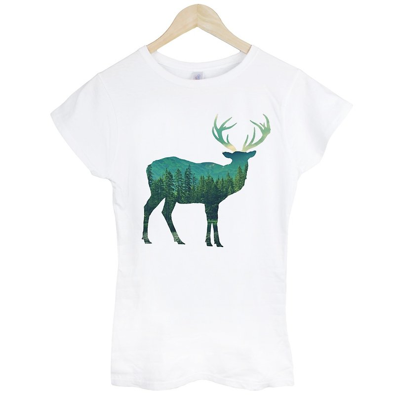 Deer-Photo女生短袖T恤-白色 鹿 相片 森林 自然 環保 角 設計 - 女 T 恤 - 棉．麻 白色