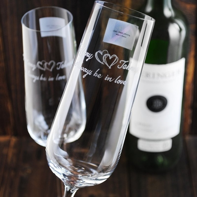 (Pair of Price) 270cc Hong Kong [Double Heart Wedding] Lucaris Crystal Champagne Pair of Wedding Wine Glasses - แก้วไวน์ - แก้ว สีดำ