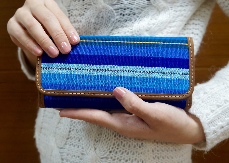 瑪雅刺繡皮革長皮夾條紋系列- 海洋藍 MA19 - กระเป๋าสตางค์ - หนังแท้ 