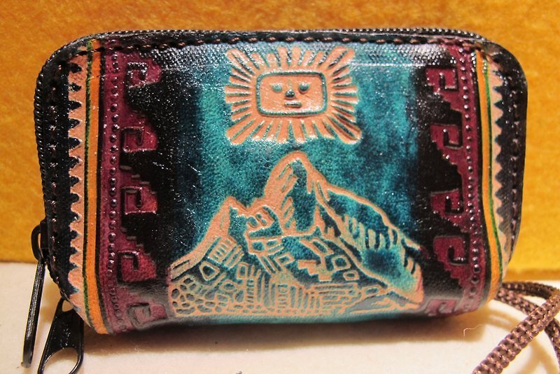 Dyeing leather handle small purse - leather brand totem (Machu Picchu) - Coin Purses - Genuine Leather Green