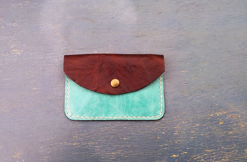 < hit color series - Coffee Brown + turquoise > sheepskin leather hand-stitched leather card holder / purse by Dai Le Studio d'EL - Coin Purses - Genuine Leather Brown